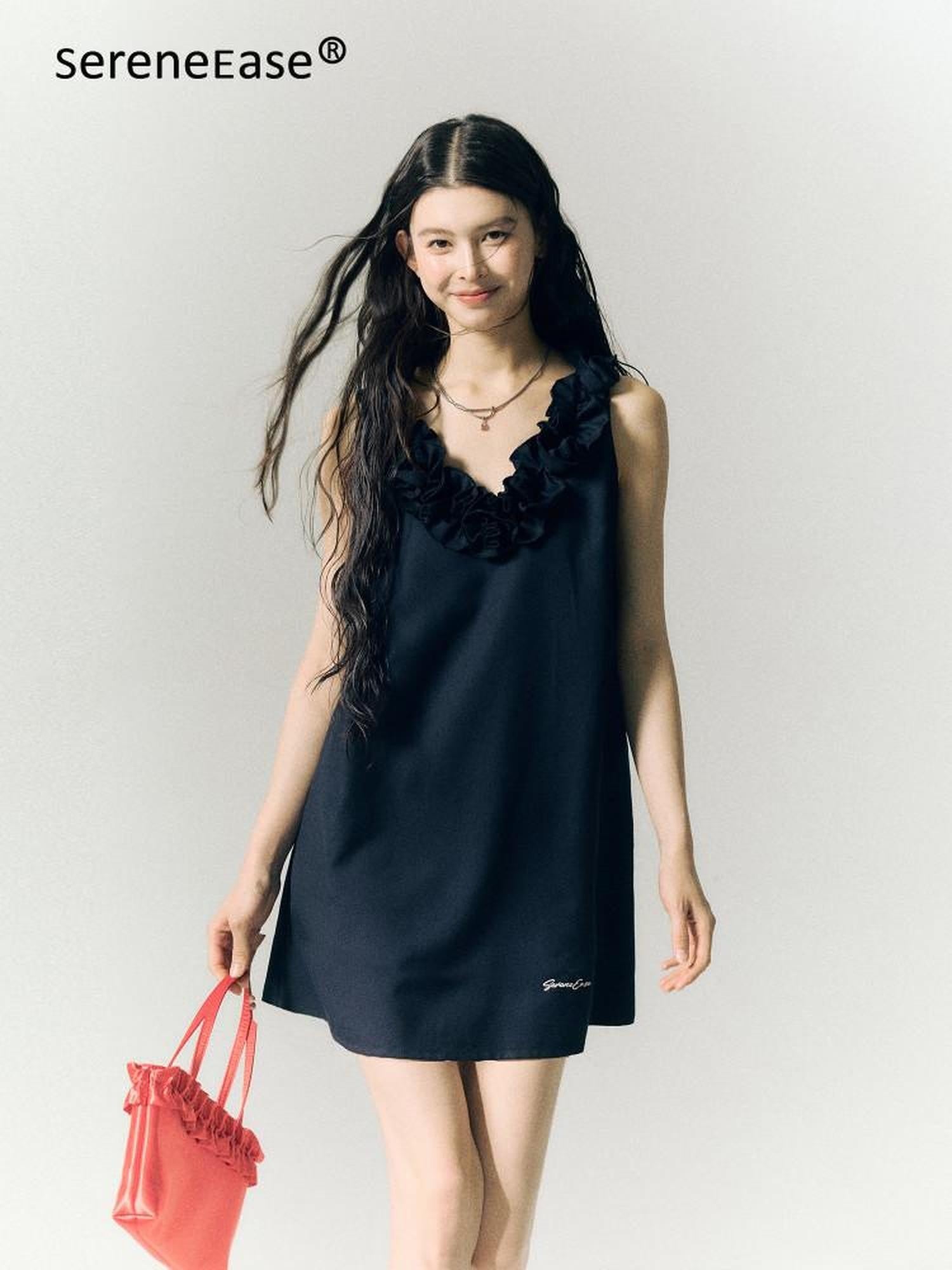 SereneEase Rose Knot Sleeveless V-neck A Line Women's Polyester Viscose Slip Mini Dresses