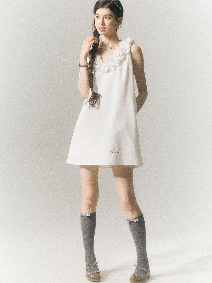 SereneEase Rose Knot Sleeveless V-neck A Line Women's Polyester Viscose Slip Mini Dresses