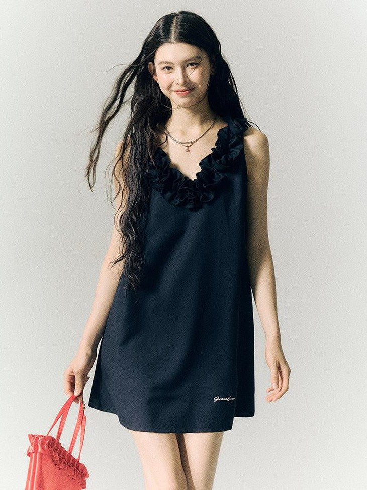 SereneEase Rose Knot Sleeveless V-neck A Line Women's Polyester Viscose Slip Mini Dresses