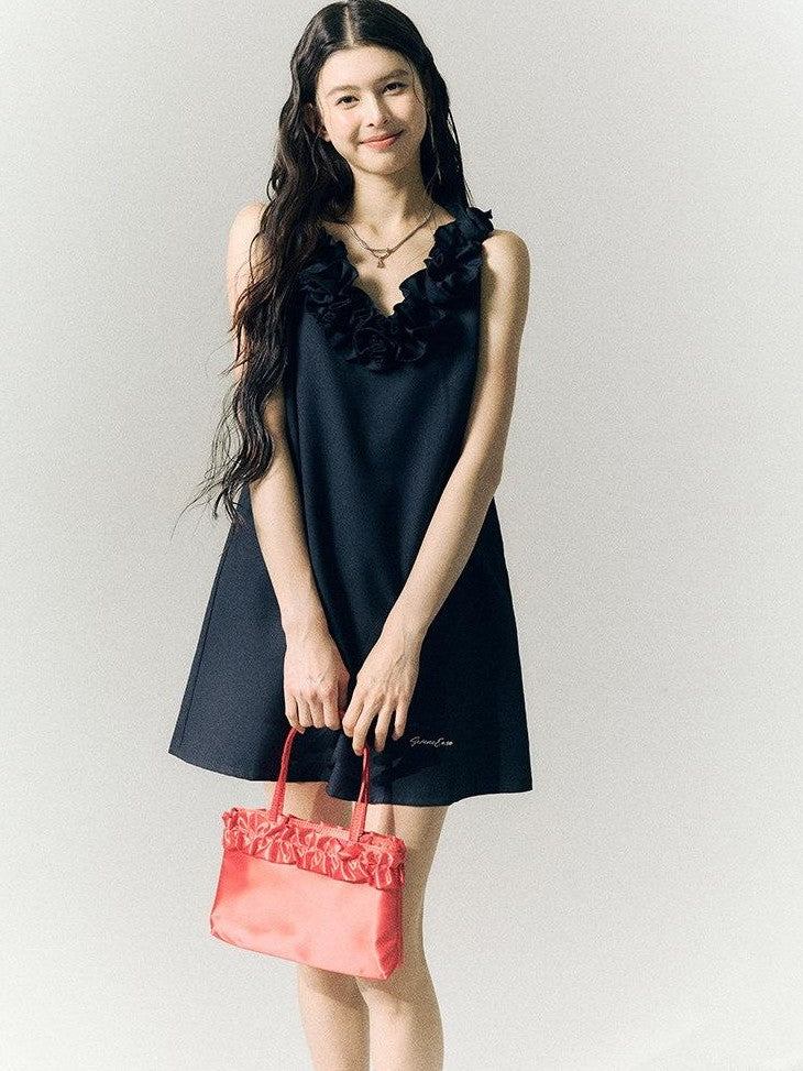 SereneEase Rose Knot Sleeveless V-neck A Line Women's Polyester Viscose Slip Mini Dresses