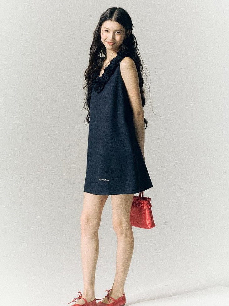 SereneEase Rose Knot Sleeveless V-neck A Line Women's Polyester Viscose Slip Mini Dresses