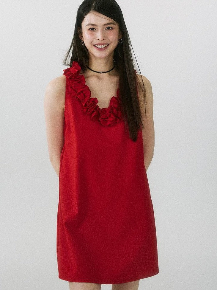 SereneEase Rose Knot Sleeveless V-neck A Line Women's Polyester Viscose Slip Mini Dresses