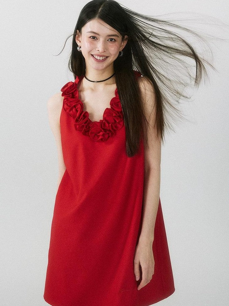 SereneEase Rose Knot Sleeveless V-neck A Line Women's Polyester Viscose Slip Mini Dresses