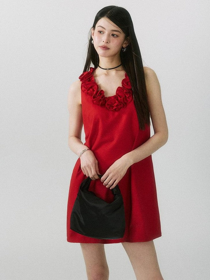 SereneEase Rose Knot Sleeveless V-neck A Line Women's Polyester Viscose Slip Mini Dresses