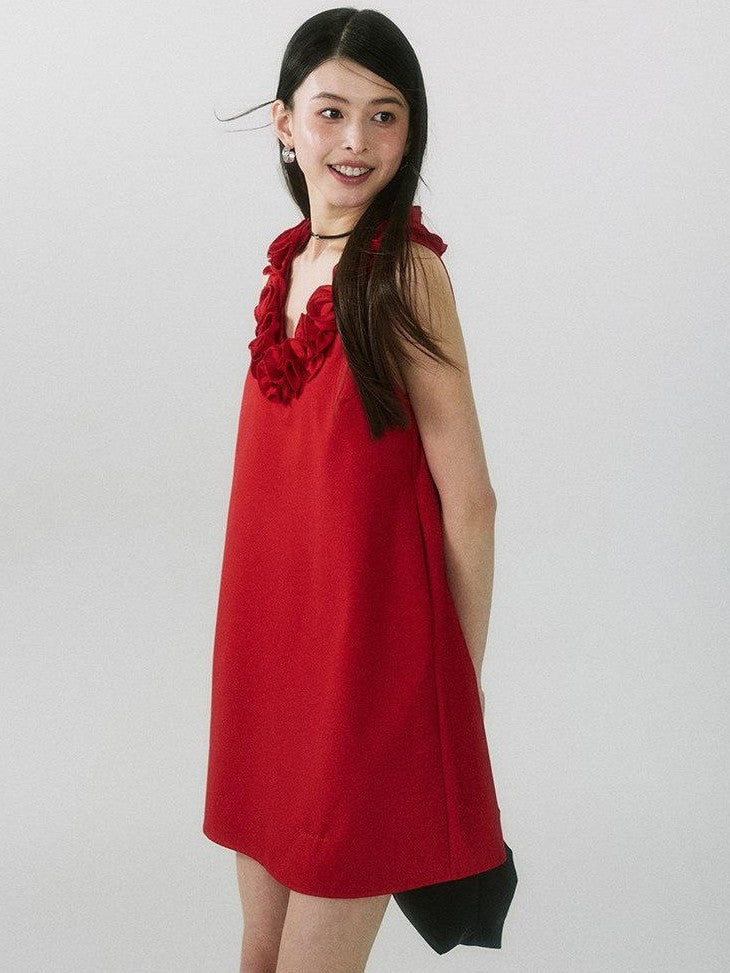SereneEase Rose Knot Sleeveless V-neck A Line Women's Polyester Viscose Slip Mini Dresses