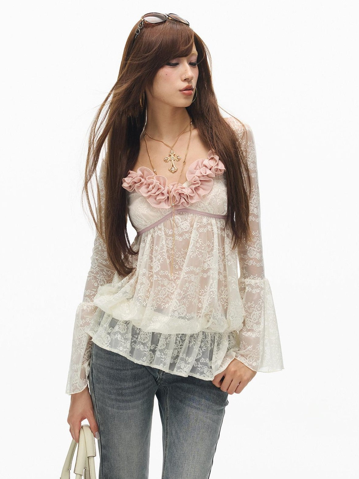 SereneEase Ruffled Square Neck Bell Sleeve Doll Women's Lace Sheer Shirts
