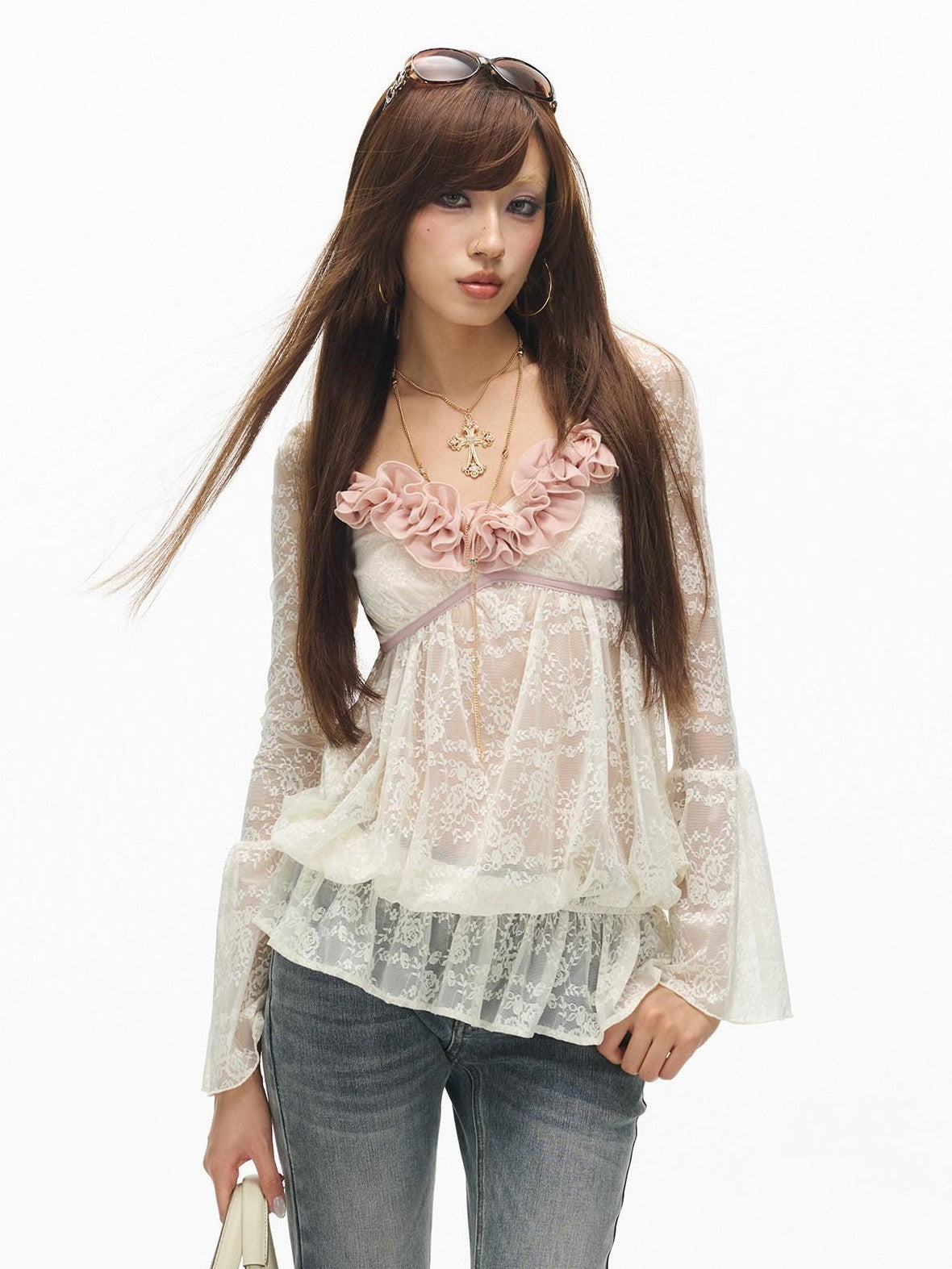 SereneEase Ruffled Square Neck Bell Sleeve Doll Women's Lace Sheer Shirts