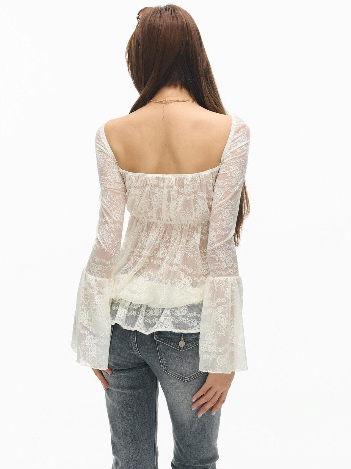 SereneEase Ruffled Square Neck Bell Sleeve Doll Women's Lace Sheer Shirts