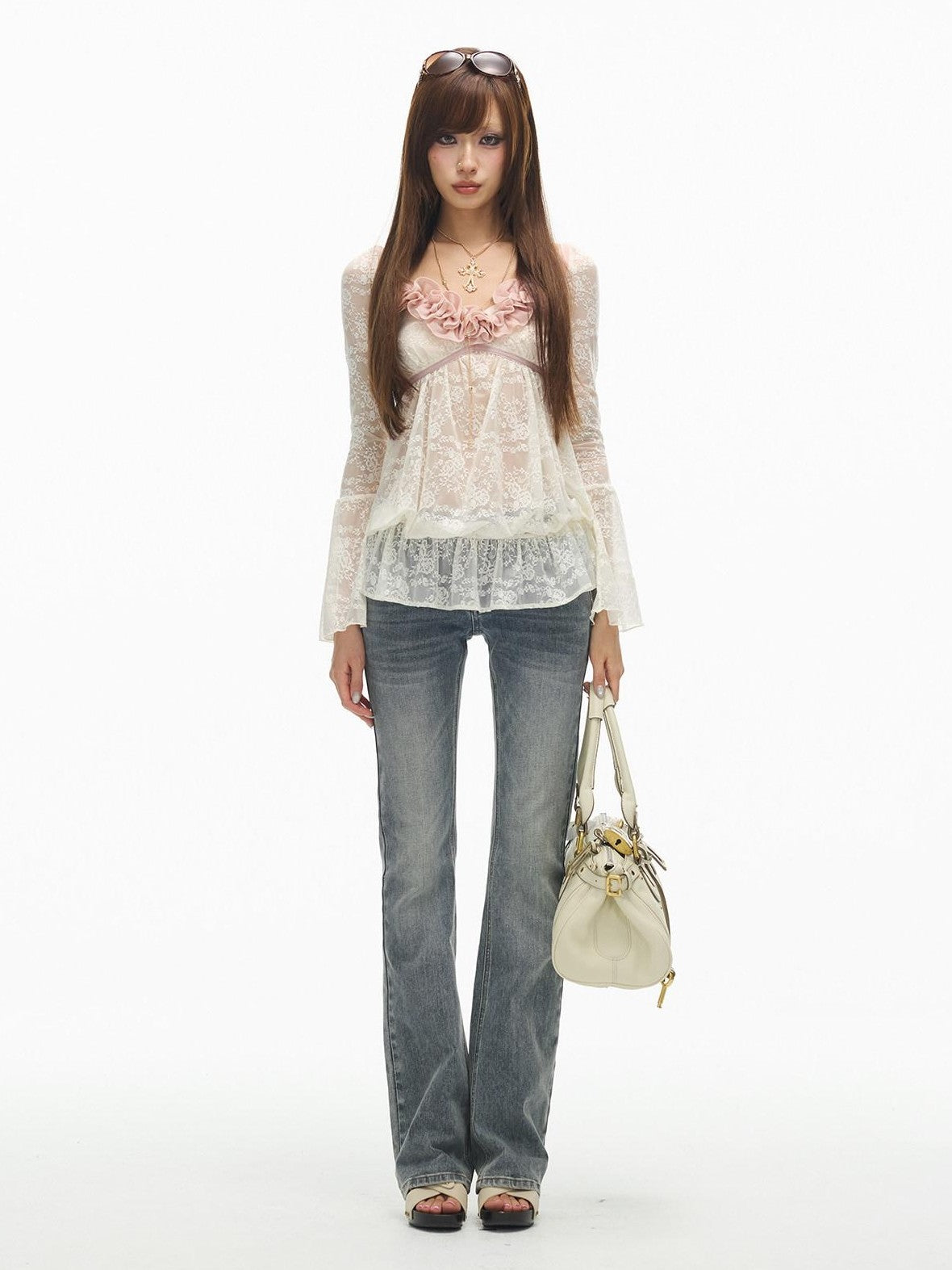 SereneEase Ruffled Square Neck Bell Sleeve Doll Women's Lace Sheer Shirts