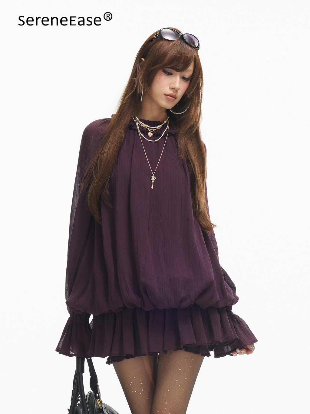 SereneEase_Ruffled_Stand_Collar_Bell_Sleeve_Shirred_Hem_Women's_Casual_Mini_Dresses_1068897907842_MISSTT