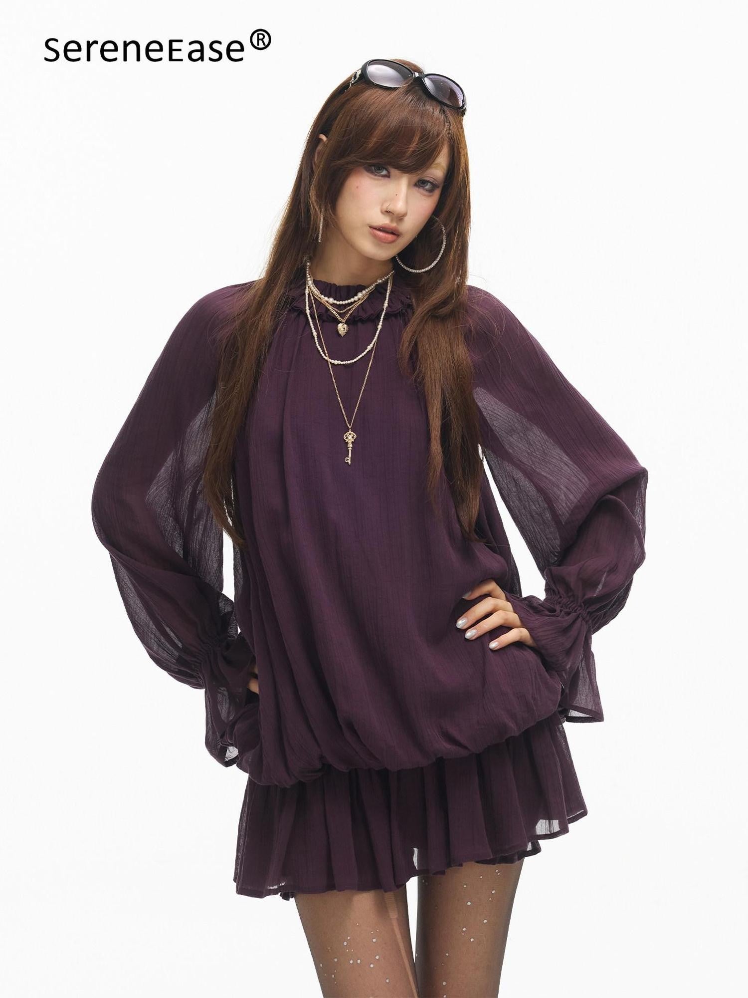 SereneEase Ruffled Stand Collar Bell Sleeve Shirred Hem Women's Casual Mini Dresses