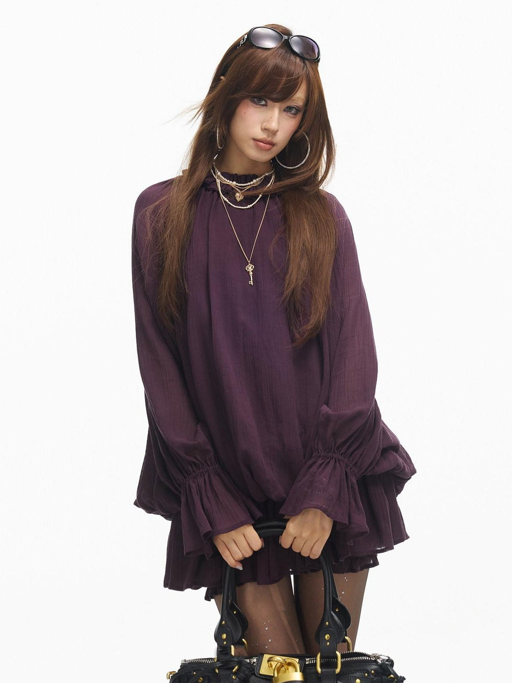 SereneEase Ruffled Stand Collar Bell Sleeve Shirred Hem Women's Casual Mini Dresses