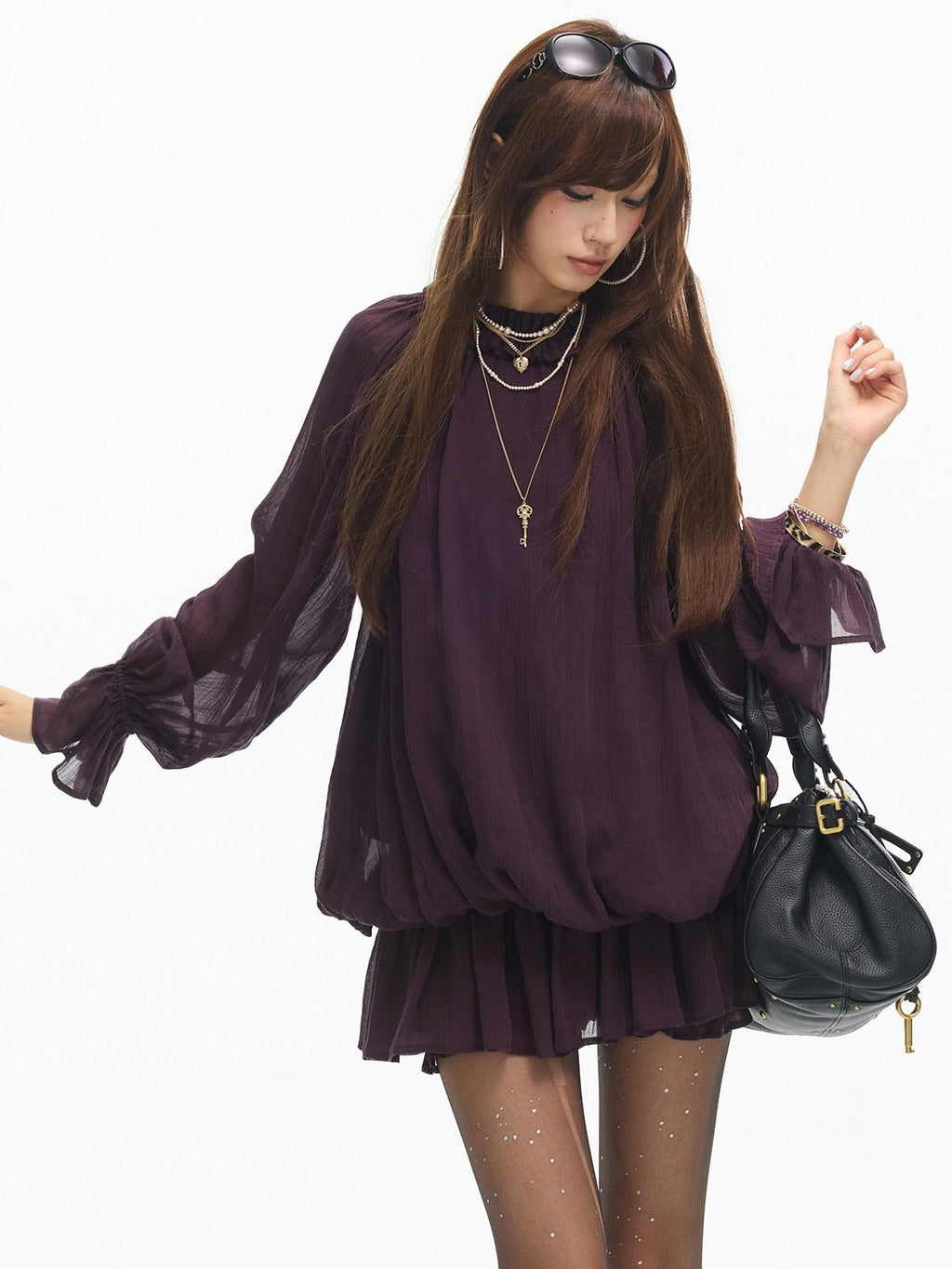 SereneEase Ruffled Stand Collar Bell Sleeve Shirred Hem Women's Casual Mini Dresses