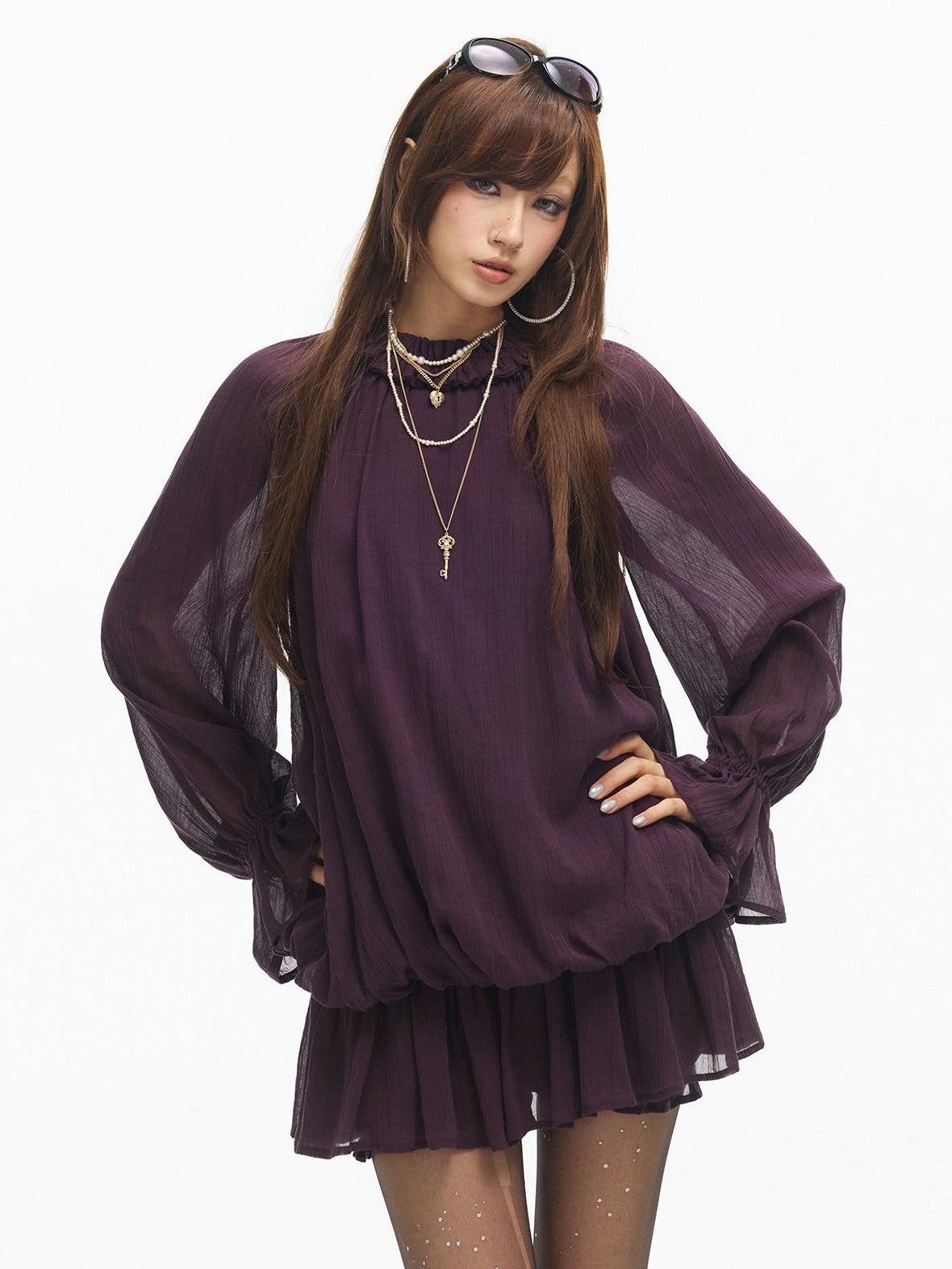 SereneEase Ruffled Stand Collar Bell Sleeve Shirred Hem Women's Casual Mini Dresses