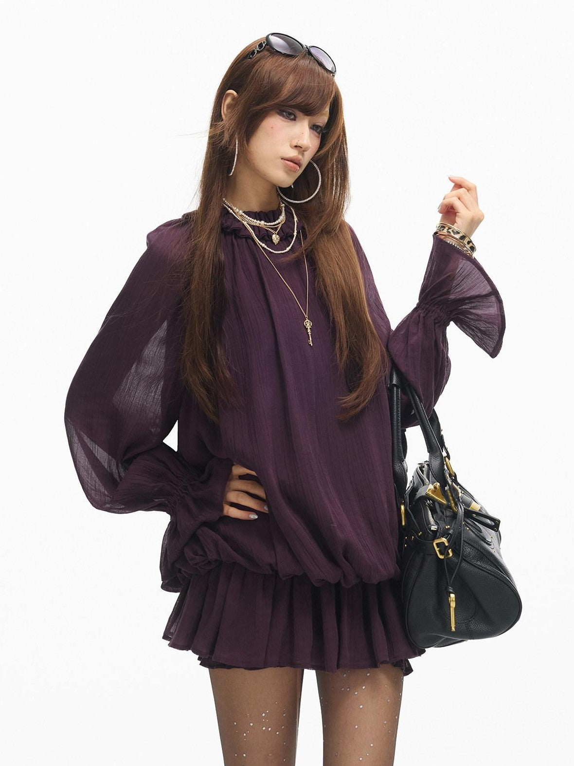 SereneEase Ruffled Stand Collar Bell Sleeve Shirred Hem Women's Casual Mini Dresses