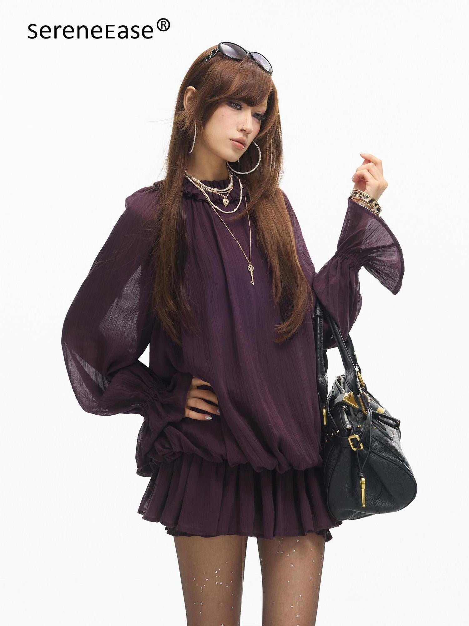SereneEase Ruffled Stand Collar Bell Sleeve Shirred Hem Women's Casual Mini Dresses