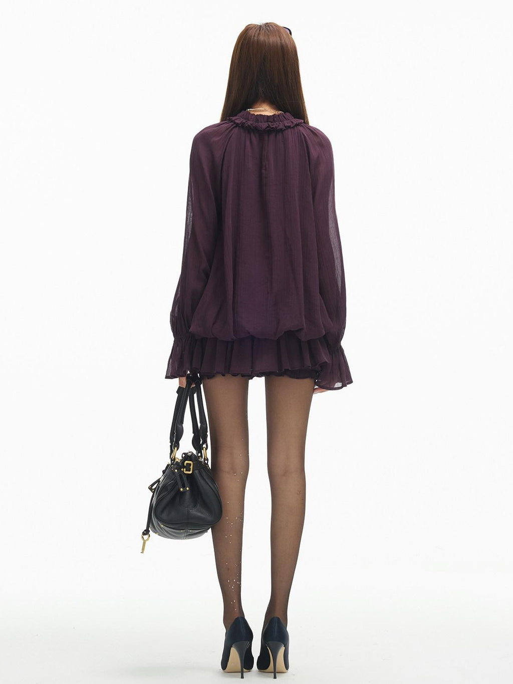 SereneEase Ruffled Stand Collar Bell Sleeve Shirred Hem Women's Casual Mini Dresses