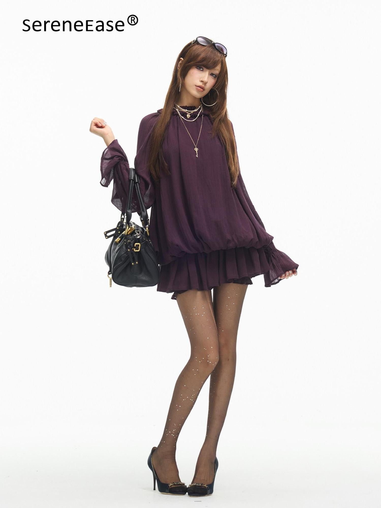 SereneEase Ruffled Stand Collar Bell Sleeve Shirred Hem Women's Casual Mini Dresses