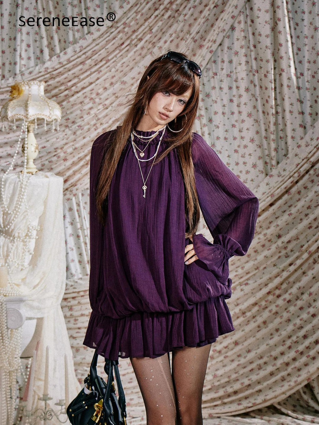 SereneEase Ruffled Stand Collar Bell Sleeve Shirred Hem Women's Casual Mini Dresses