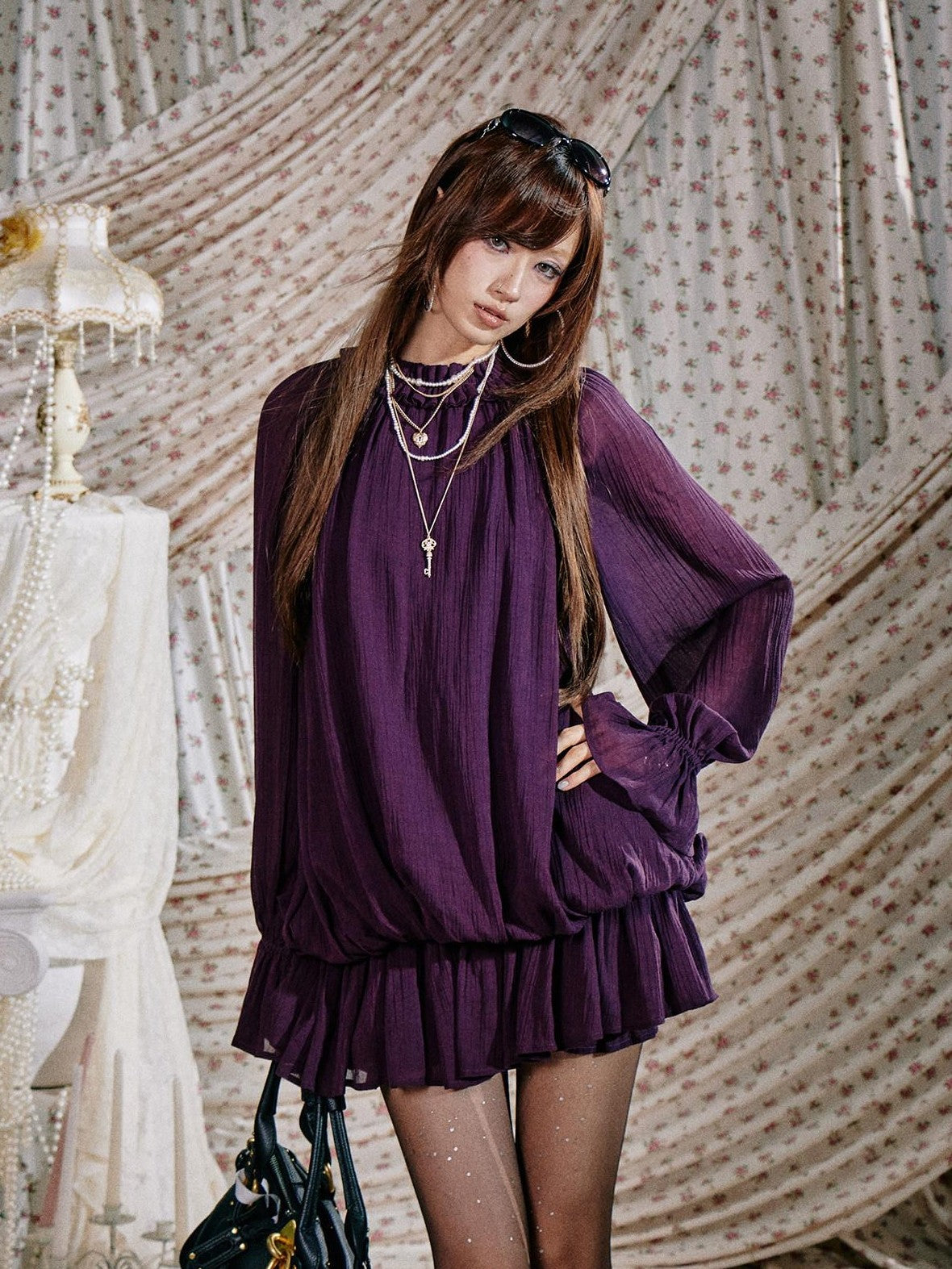 SereneEase Ruffled Stand Collar Bell Sleeve Shirred Hem Women's Casual Mini Dresses