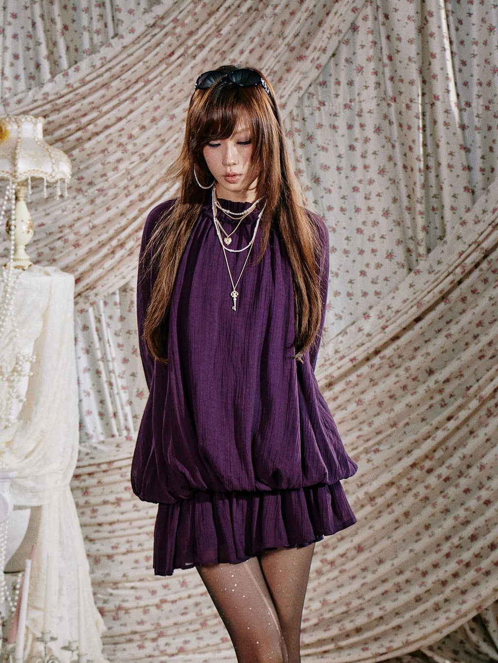 SereneEase Ruffled Stand Collar Bell Sleeve Shirred Hem Women's Casual Mini Dresses
