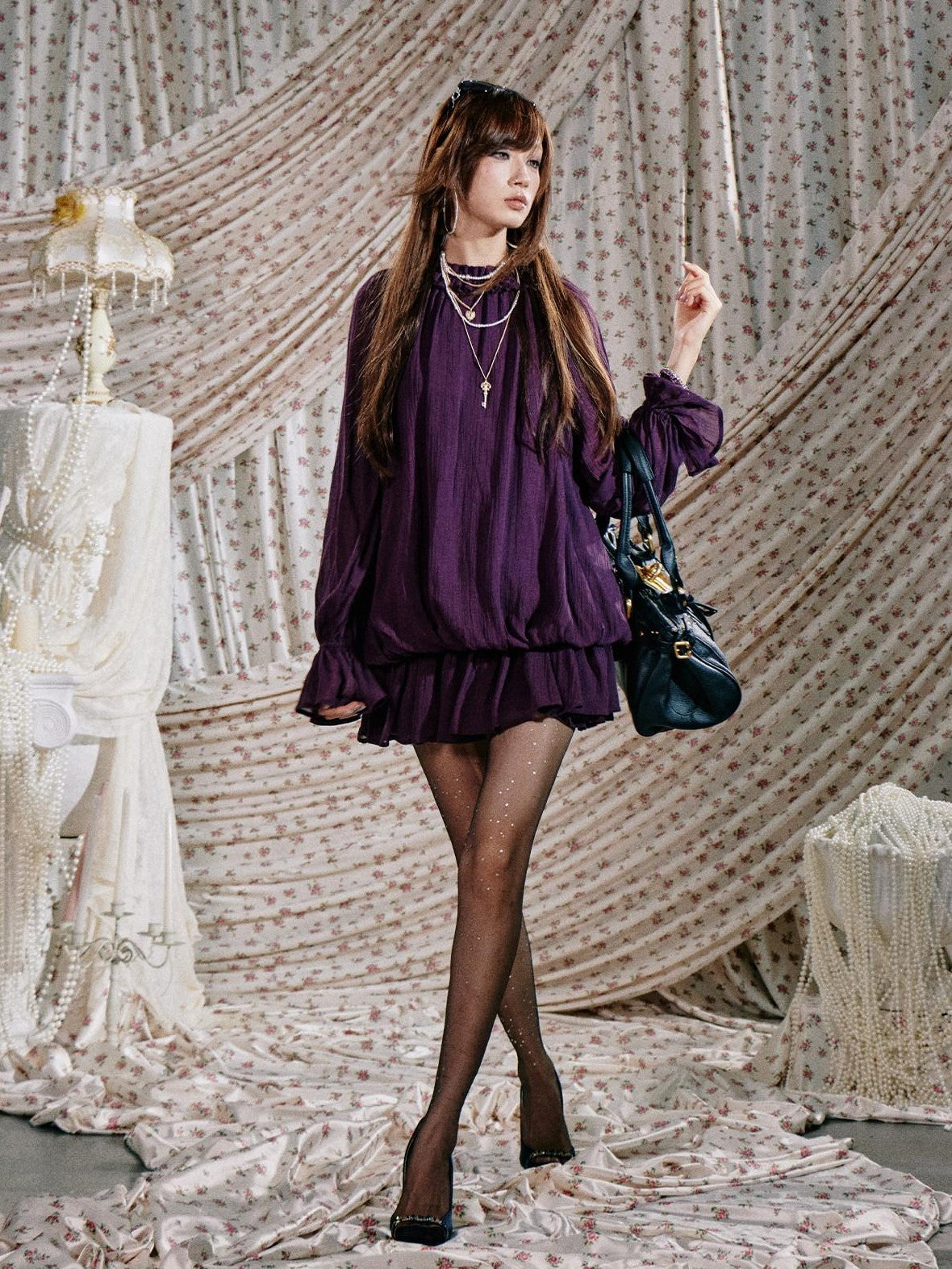SereneEase Ruffled Stand Collar Bell Sleeve Shirred Hem Women's Casual Mini Dresses