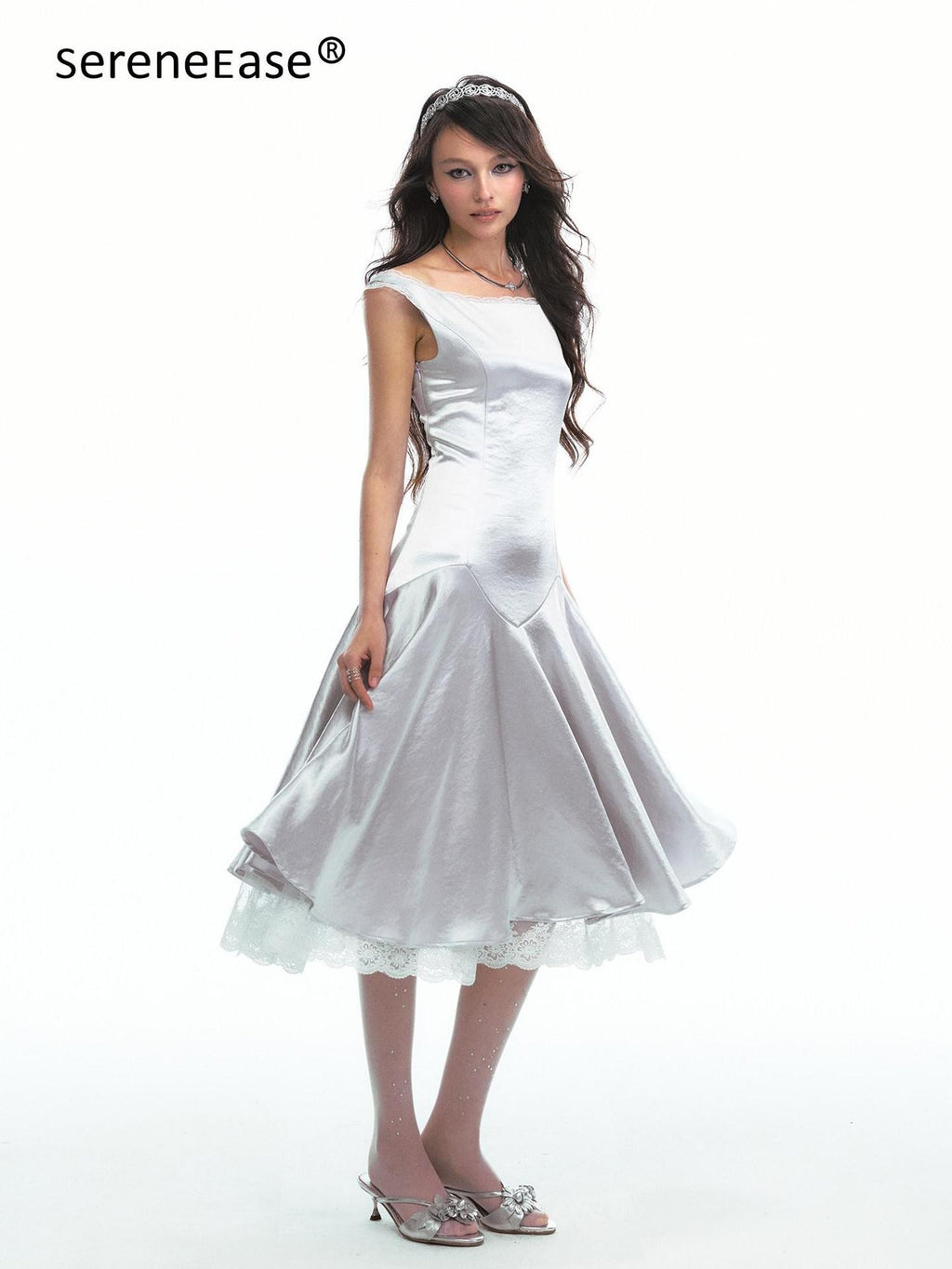 SereneEase Satin Lace Splice Tie Waist Off Shoulder Women's Polyester Casual Midi Dresses