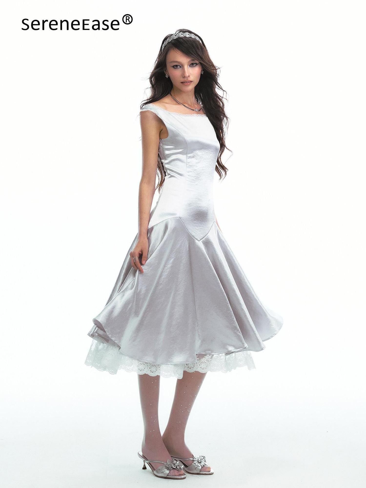 SereneEase Satin Lace Splice Tie Waist Off Shoulder Women's Polyester Casual Midi Dresses