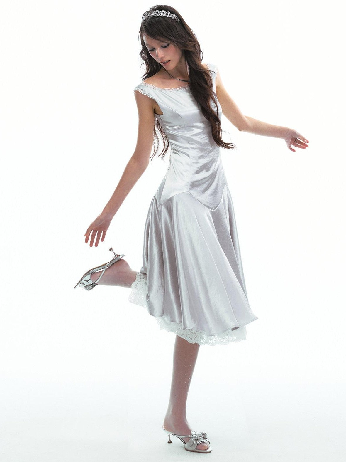SereneEase Satin Lace Splice Tie Waist Off Shoulder Women's Polyester Casual Midi Dresses