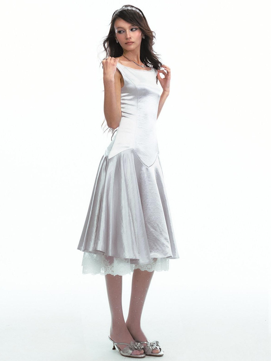 SereneEase Satin Lace Splice Tie Waist Off Shoulder Women's Polyester Casual Midi Dresses