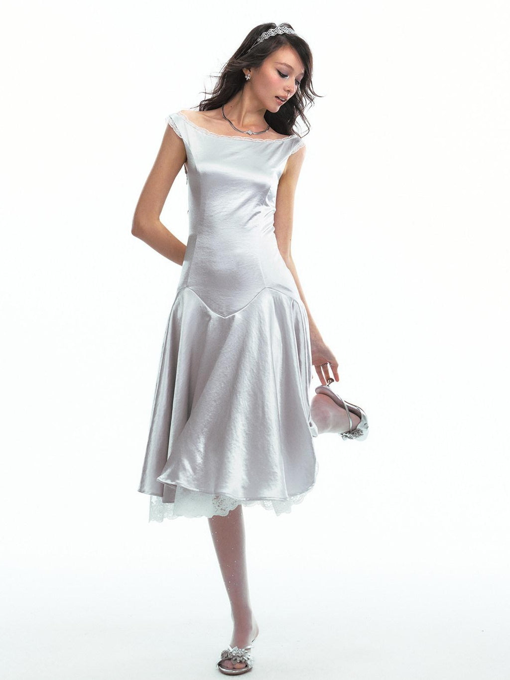 SereneEase Satin Lace Splice Tie Waist Off Shoulder Women's Polyester Casual Midi Dresses