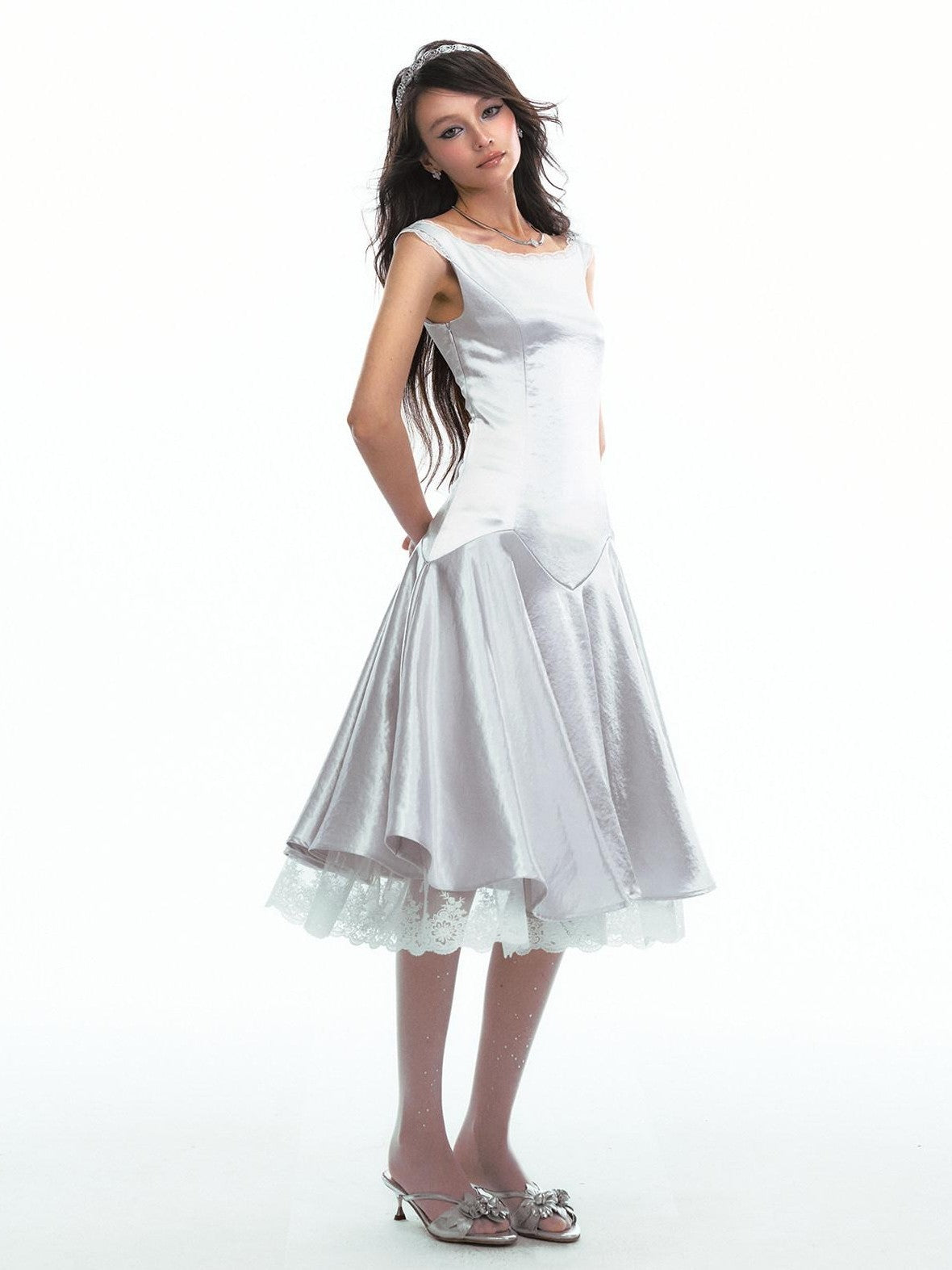 SereneEase Satin Lace Splice Tie Waist Off Shoulder Women's Polyester Casual Midi Dresses