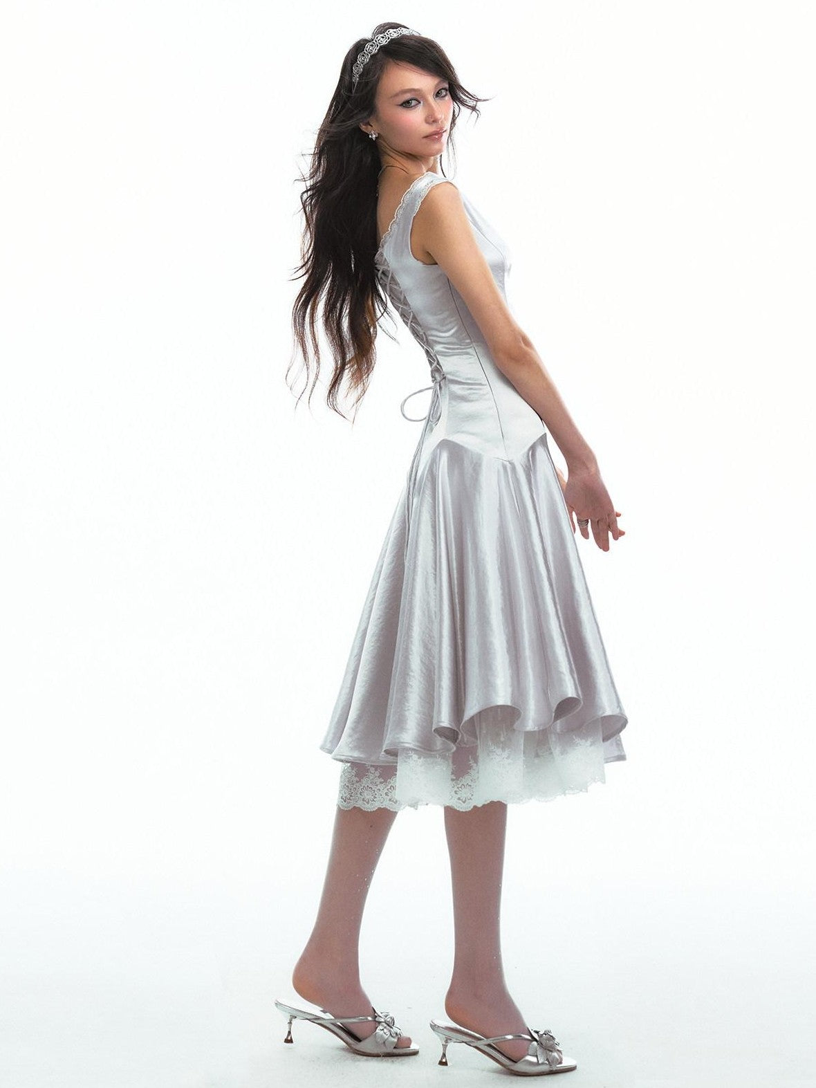 SereneEase Satin Lace Splice Tie Waist Off Shoulder Women's Polyester Casual Midi Dresses