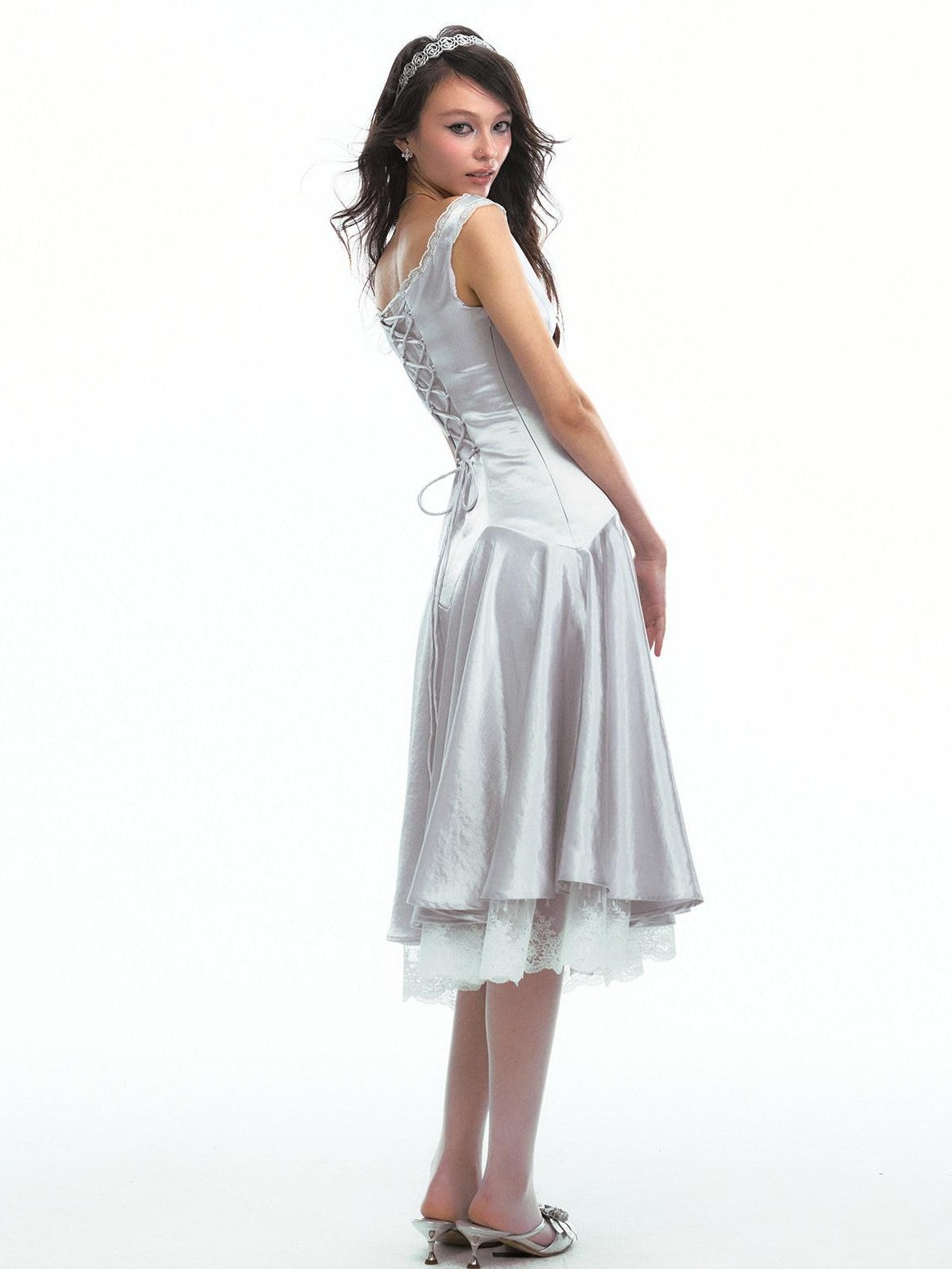 SereneEase Satin Lace Splice Tie Waist Off Shoulder Women's Polyester Casual Midi Dresses