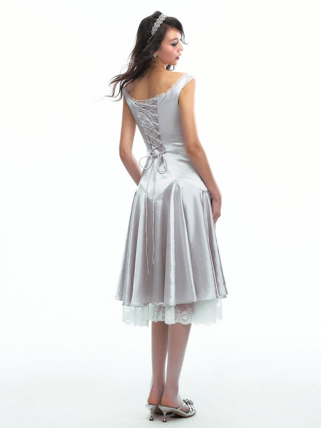 SereneEase Satin Lace Splice Tie Waist Off Shoulder Women's Polyester Casual Midi Dresses