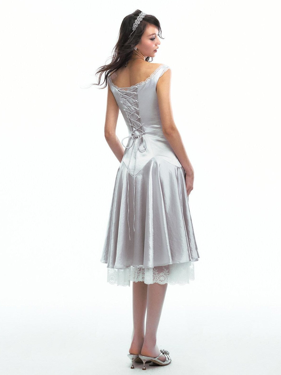 SereneEase Satin Lace Splice Tie Waist Off Shoulder Women's Polyester Casual Midi Dresses