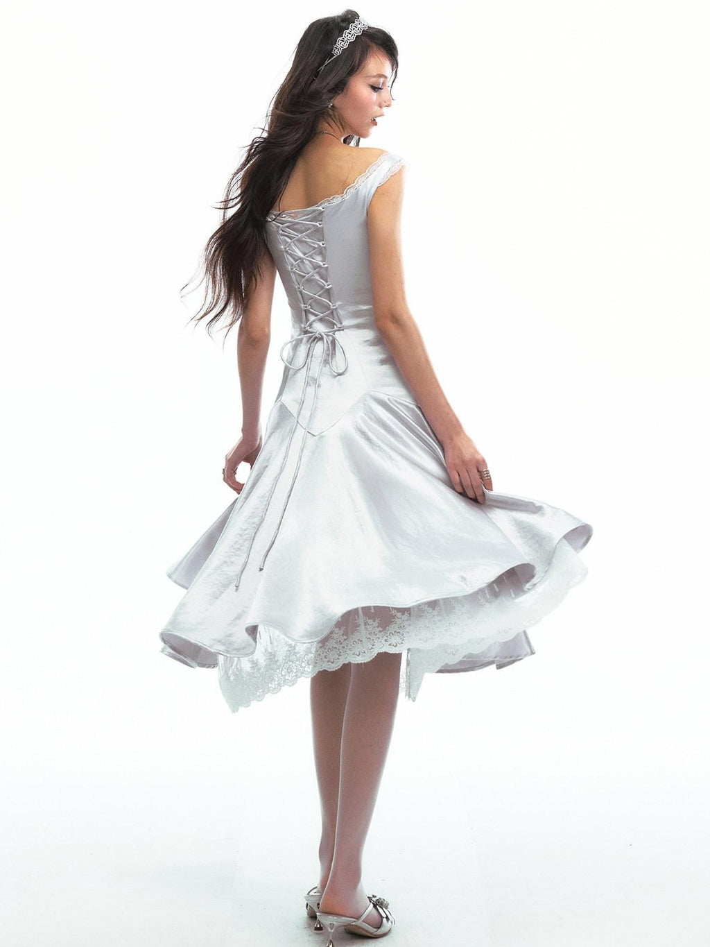 SereneEase Satin Lace Splice Tie Waist Off Shoulder Women's Polyester Casual Midi Dresses