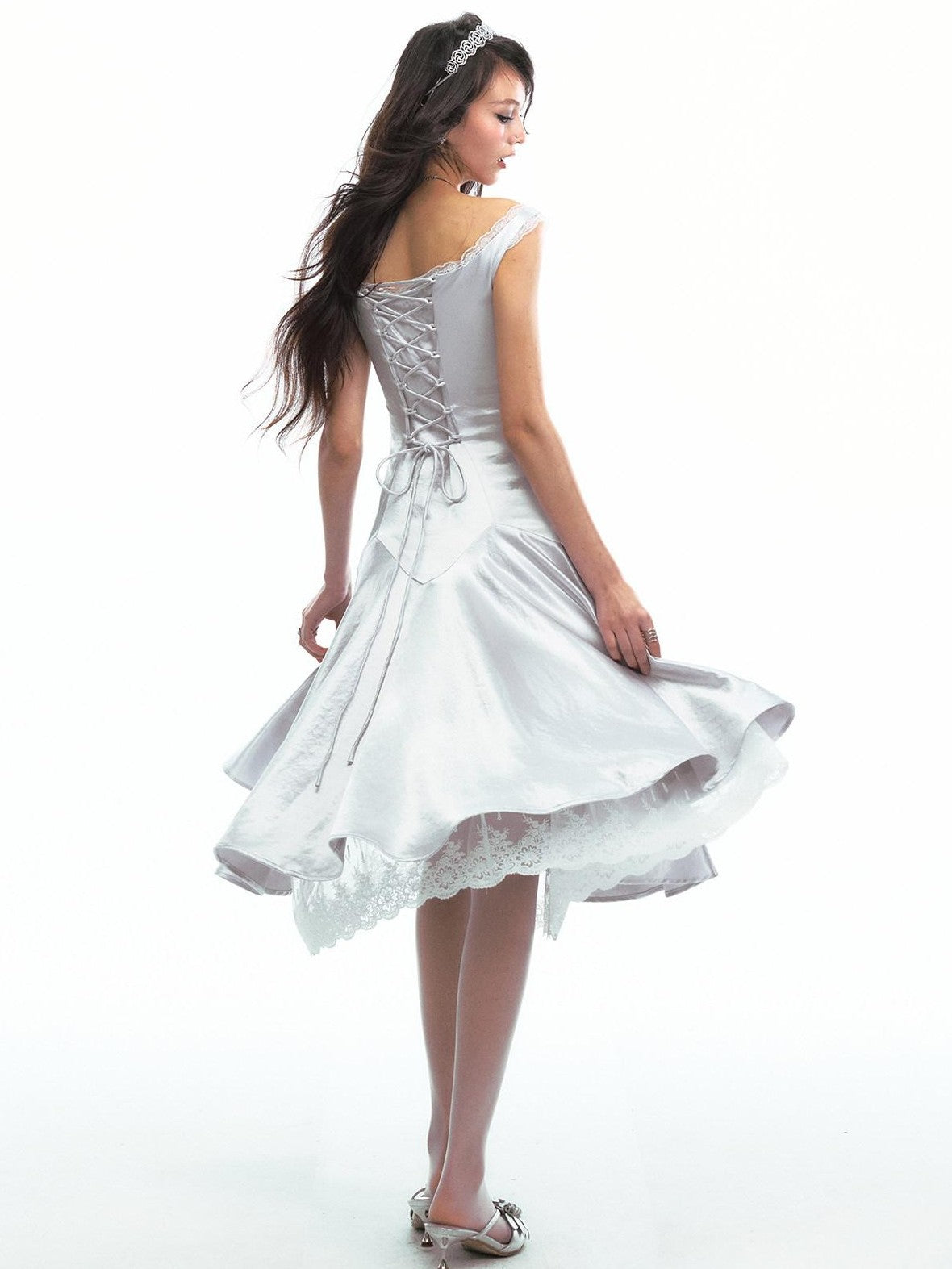 SereneEase Satin Lace Splice Tie Waist Off Shoulder Women's Polyester Casual Midi Dresses
