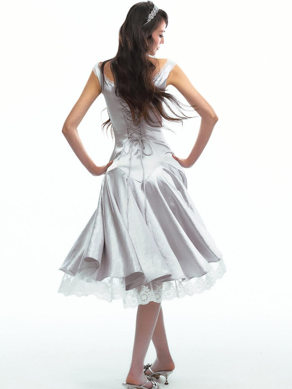 SereneEase Satin Lace Splice Tie Waist Off Shoulder Women's Polyester Casual Midi Dresses