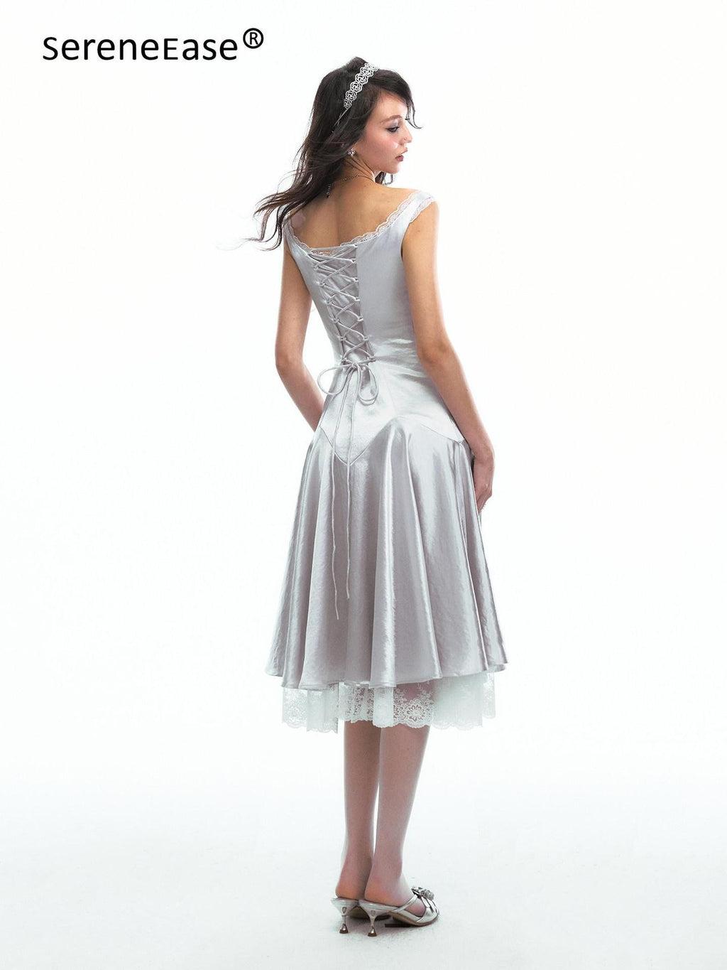 SereneEase Satin Lace Splice Tie Waist Off Shoulder Women's Polyester Casual Midi Dresses