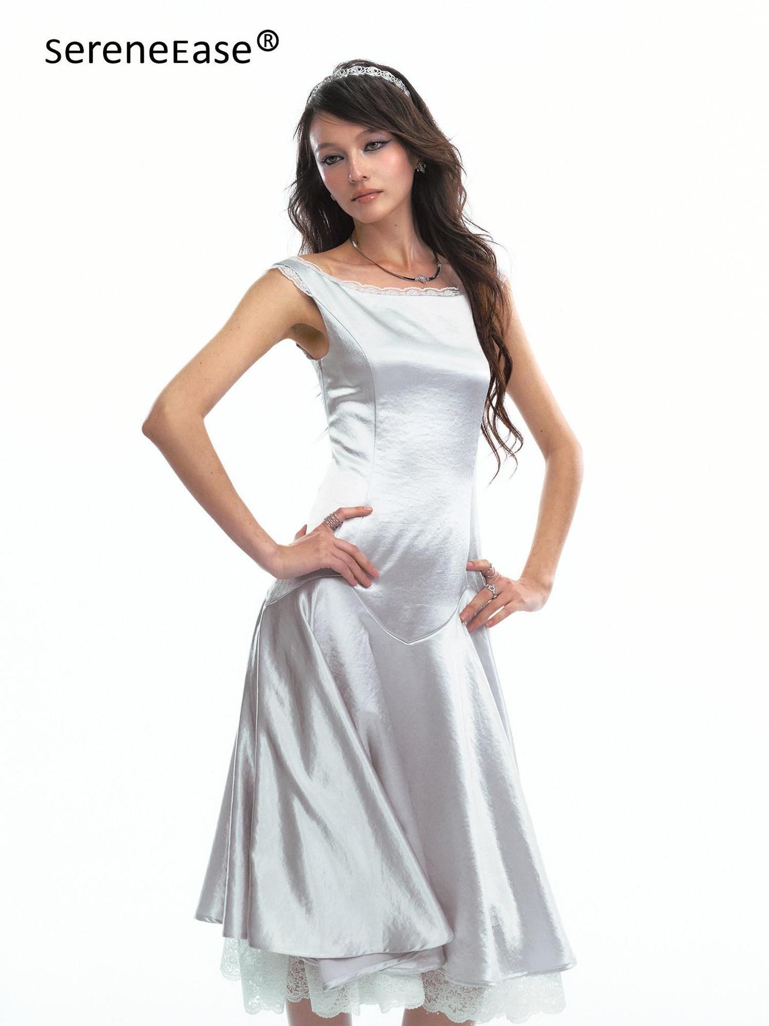 SereneEase Satin Lace Splice Tie Waist Off Shoulder Women's Polyester Casual Midi Dresses