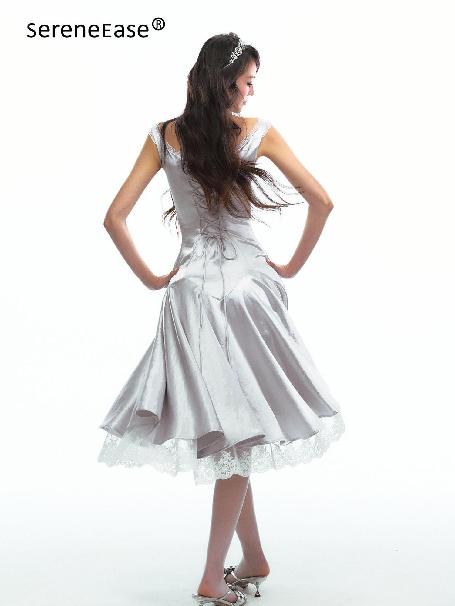SereneEase Satin Lace Splice Tie Waist Off Shoulder Women's Polyester Casual Midi Dresses