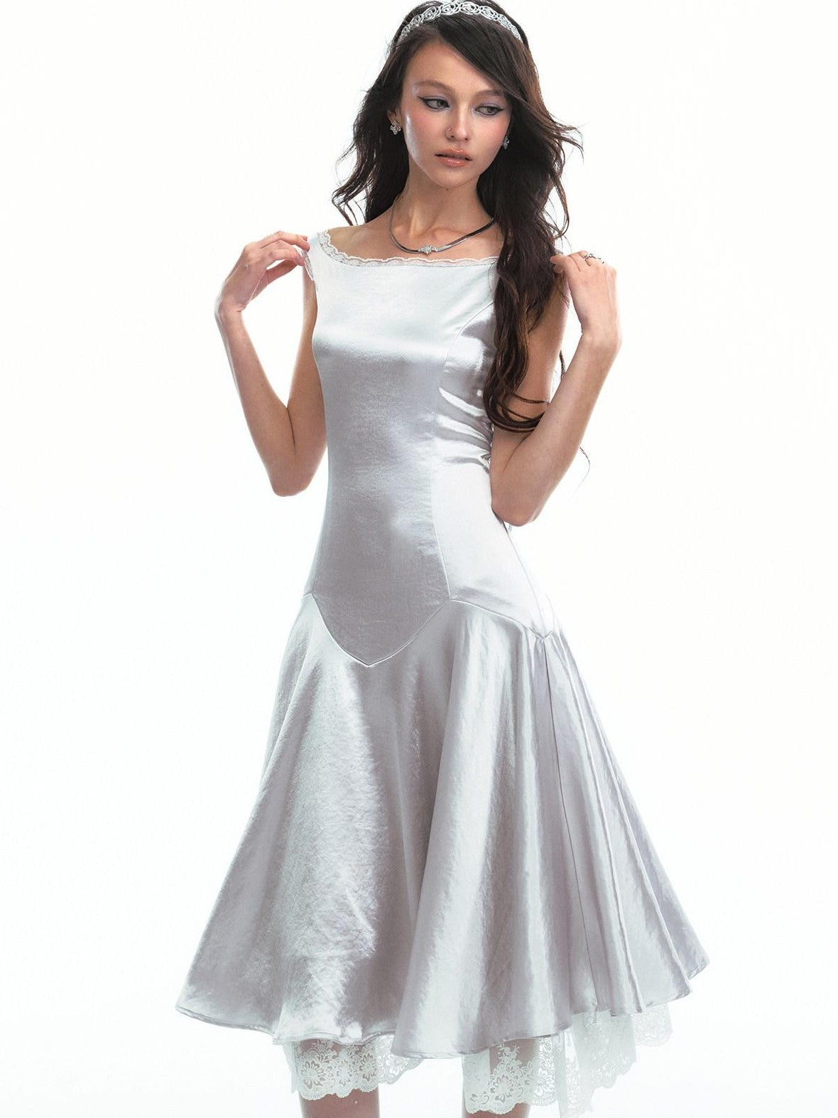 SereneEase Satin Lace Splice Tie Waist Off Shoulder Women's Polyester Casual Midi Dresses