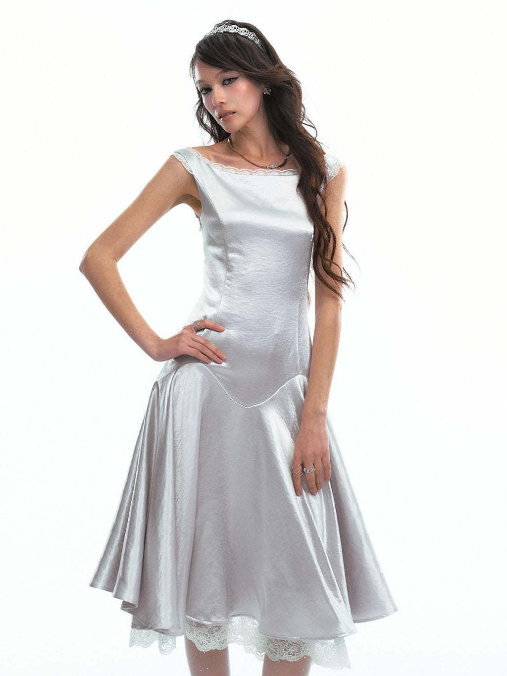 SereneEase Satin Lace Splice Tie Waist Off Shoulder Women's Polyester Casual Midi Dresses