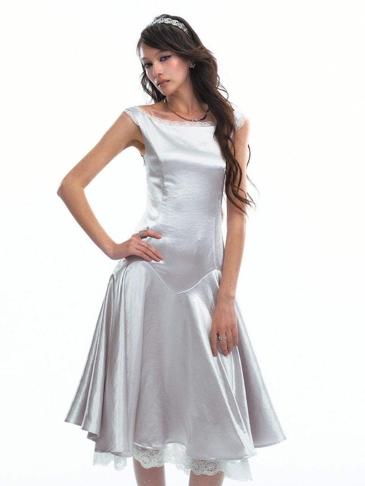 SereneEase Satin Lace Splice Tie Waist Off Shoulder Women's Polyester Casual Midi Dresses