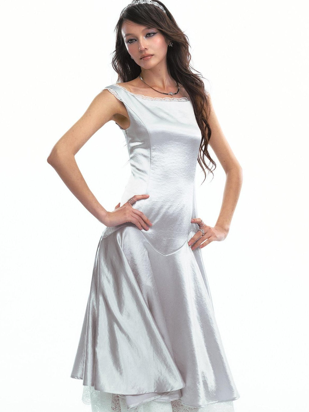 SereneEase Satin Lace Splice Tie Waist Off Shoulder Women's Polyester Casual Midi Dresses