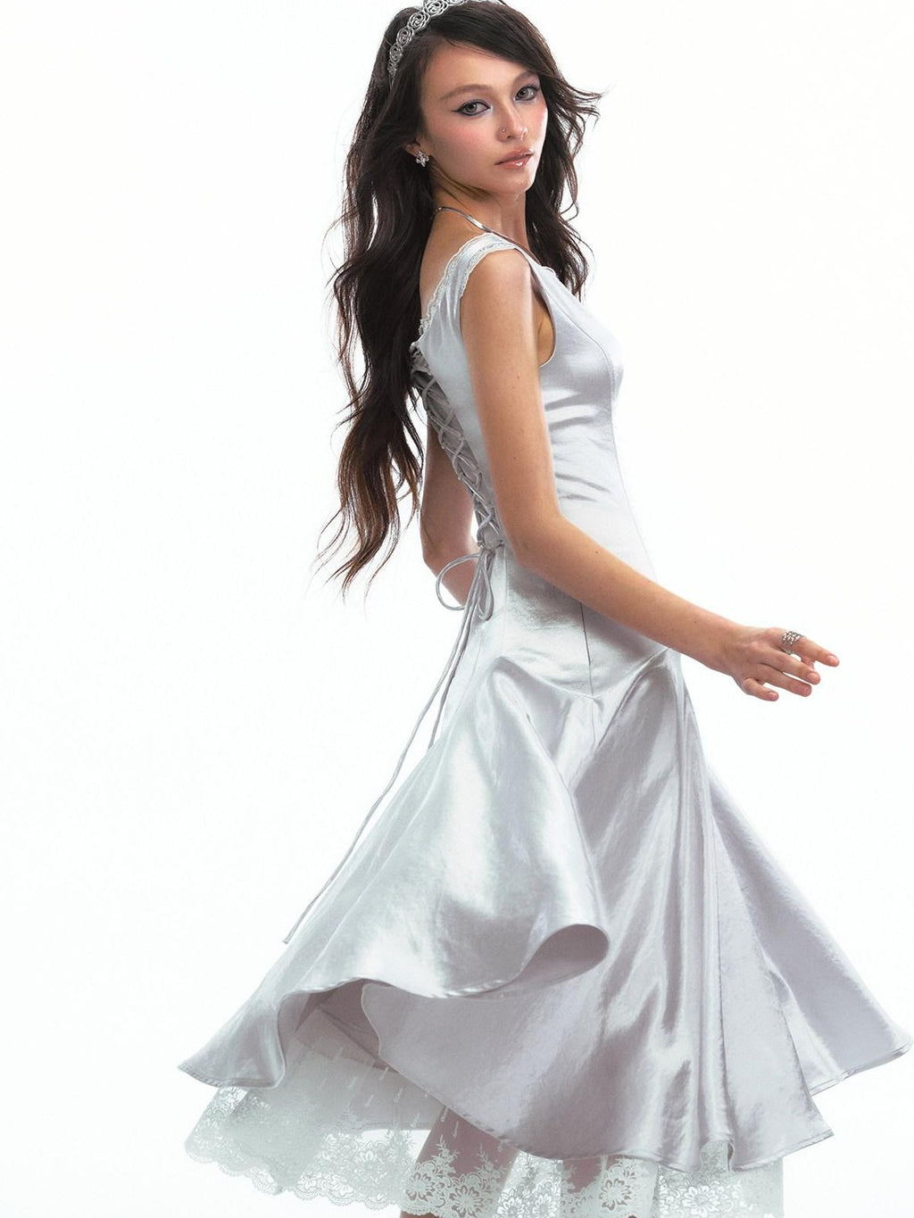 SereneEase Satin Lace Splice Tie Waist Off Shoulder Women's Polyester Casual Midi Dresses