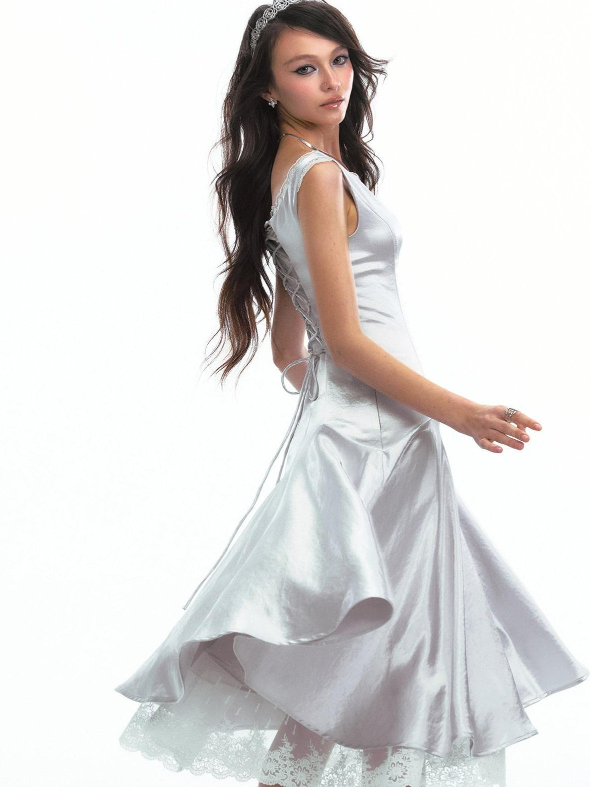 SereneEase Satin Lace Splice Tie Waist Off Shoulder Women's Polyester Casual Midi Dresses