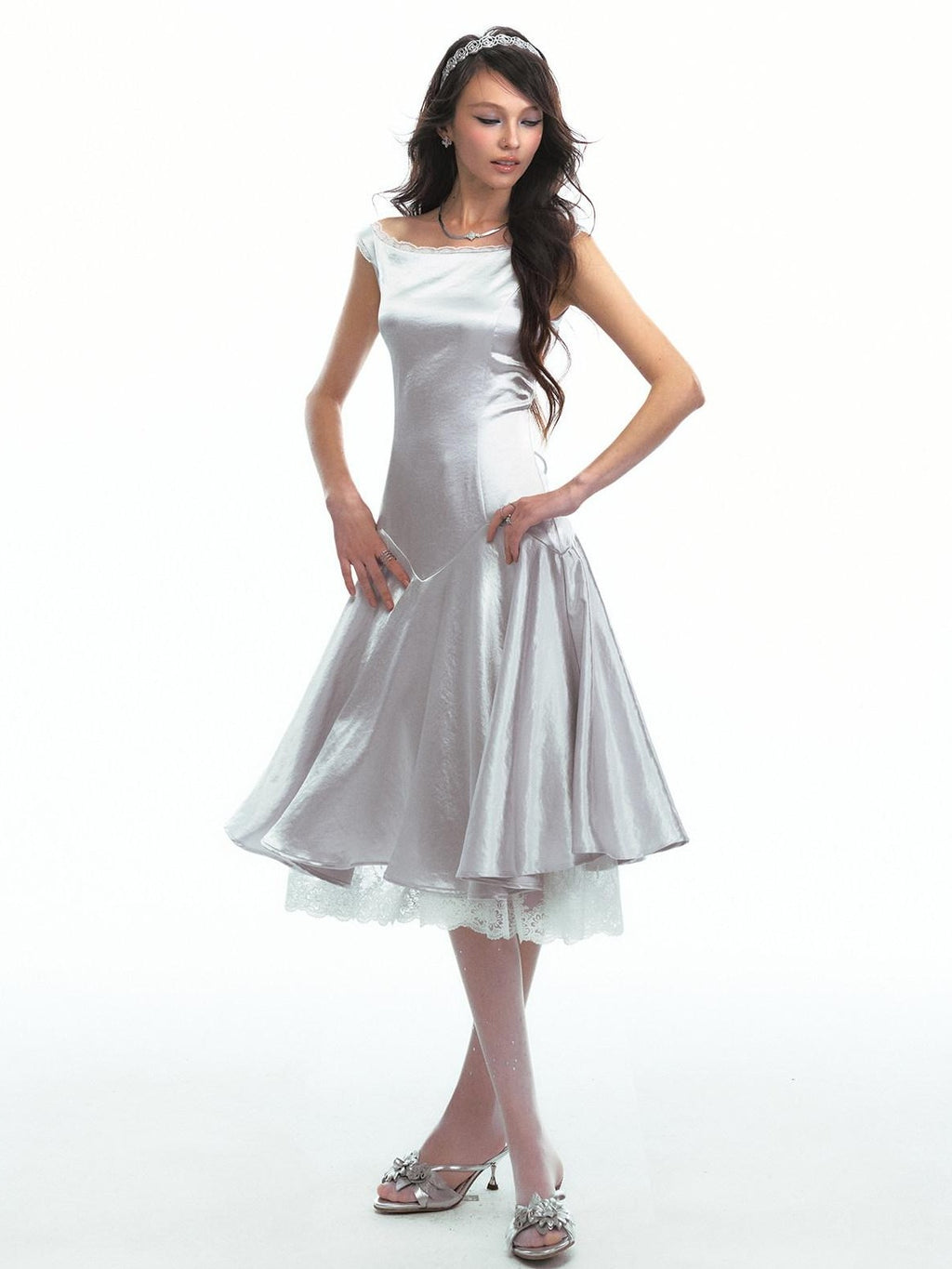 SereneEase Satin Lace Splice Tie Waist Off Shoulder Women's Polyester Casual Midi Dresses