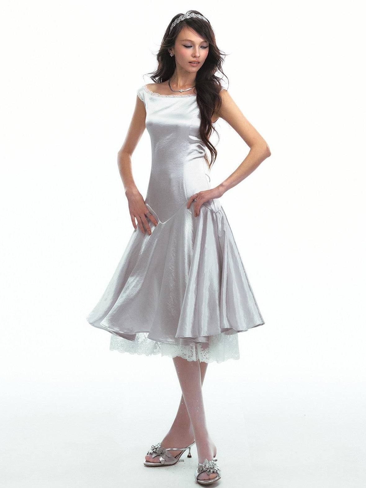 SereneEase Satin Lace Splice Tie Waist Off Shoulder Women's Polyester Casual Midi Dresses